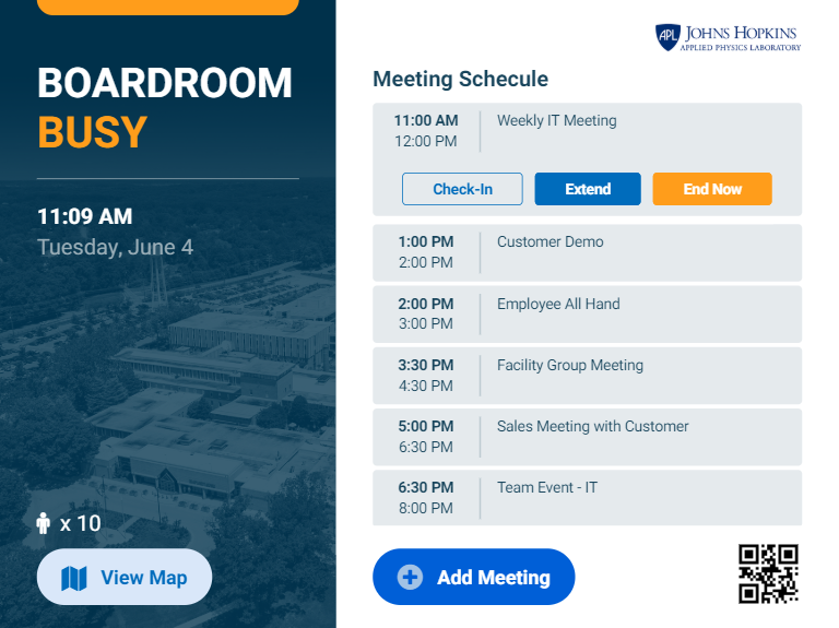 Room Display Unit schedule with map and meeting controls