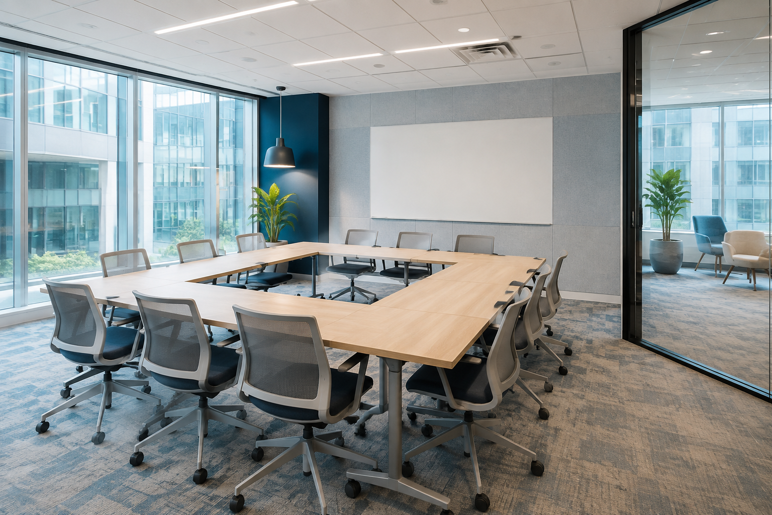 A flexible meeting room configured for a collaborative session