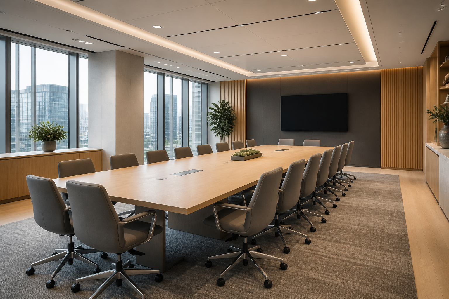 Shared conference room prepared for a tenant meeting