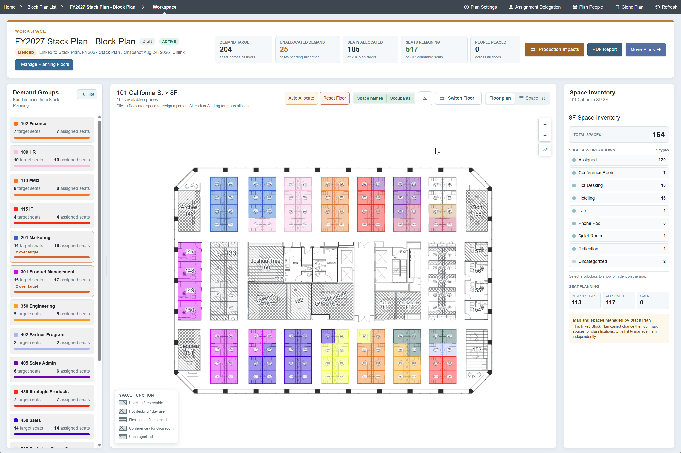 Indoor Finders Block Planning workspace showing color-coded team allocations on a detailed floor plan