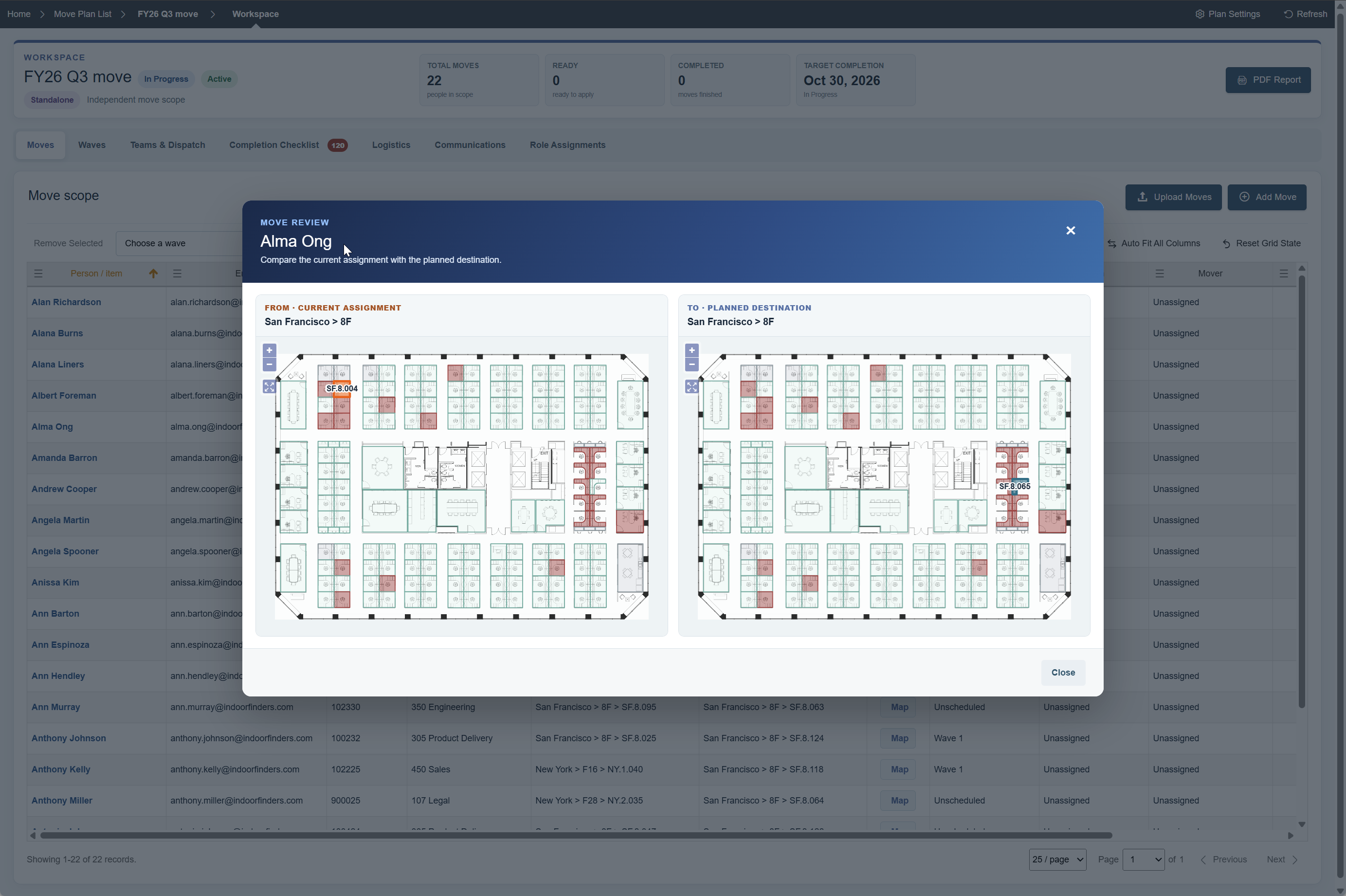Indoor Finders Move Management review comparing a person's current floor assignment with the planned destination