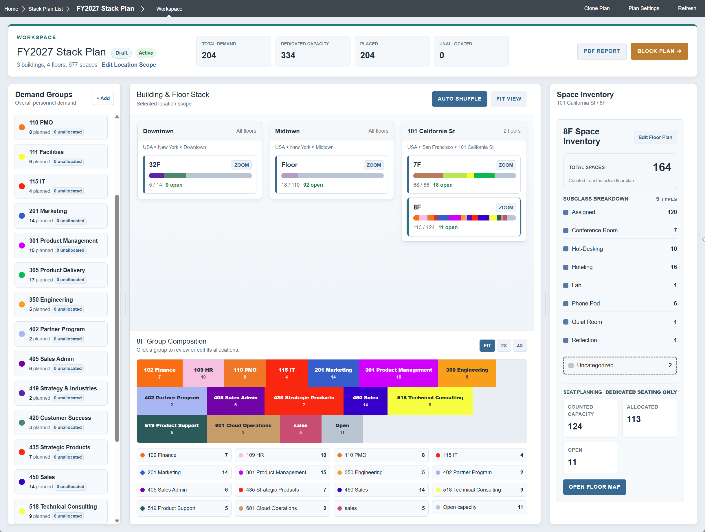 Indoor Finders Stack Planning workspace showing demand groups, building and floor stacks, group composition, and space inventory